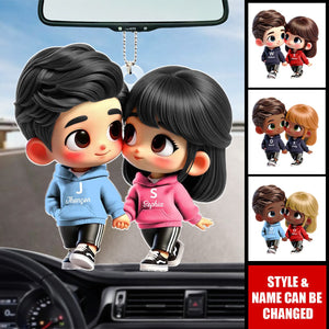 Cute Cartoon Couple Holding Hands Personalized Acrylic Car Hanger Ornament, Anniversary Gift for him, Gift for her
