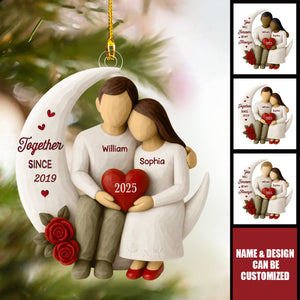 Roses Wooden Texture Couple On Moon - Personalized Acrylic Ornament - Christmas Gift For Couple