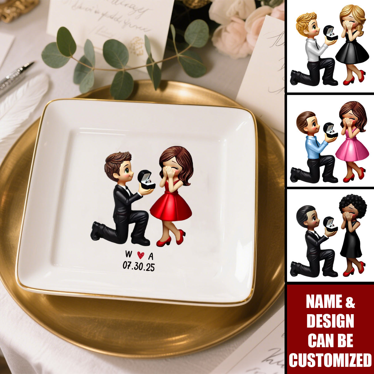 Couple Marriage Proposal Engagement Personalized Jewelry Dish, Just Engaged Gifts For Her