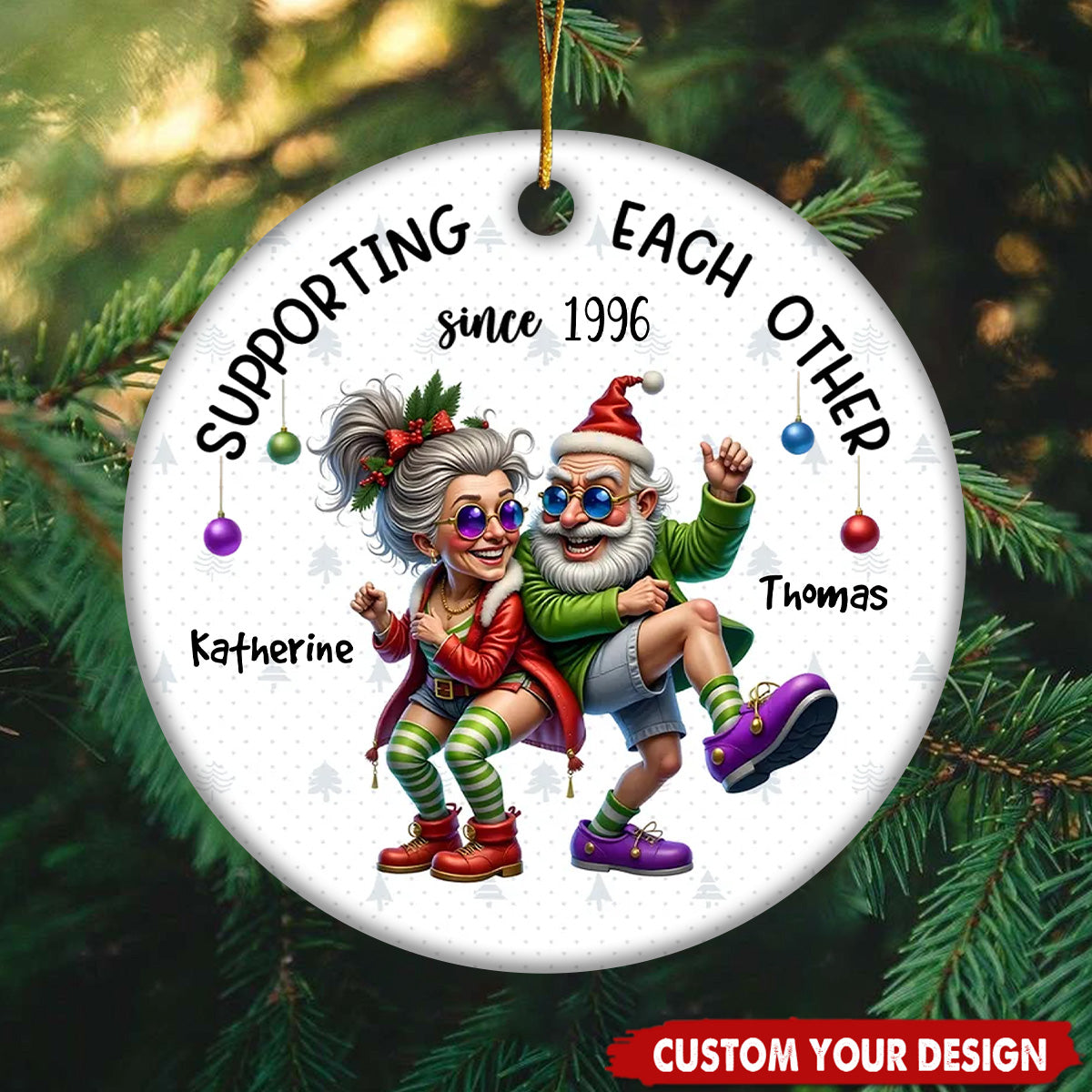 Funny Elderly Couple Christmas Party Whimsical Holiday - Personalized Circle Ceramic Ornament