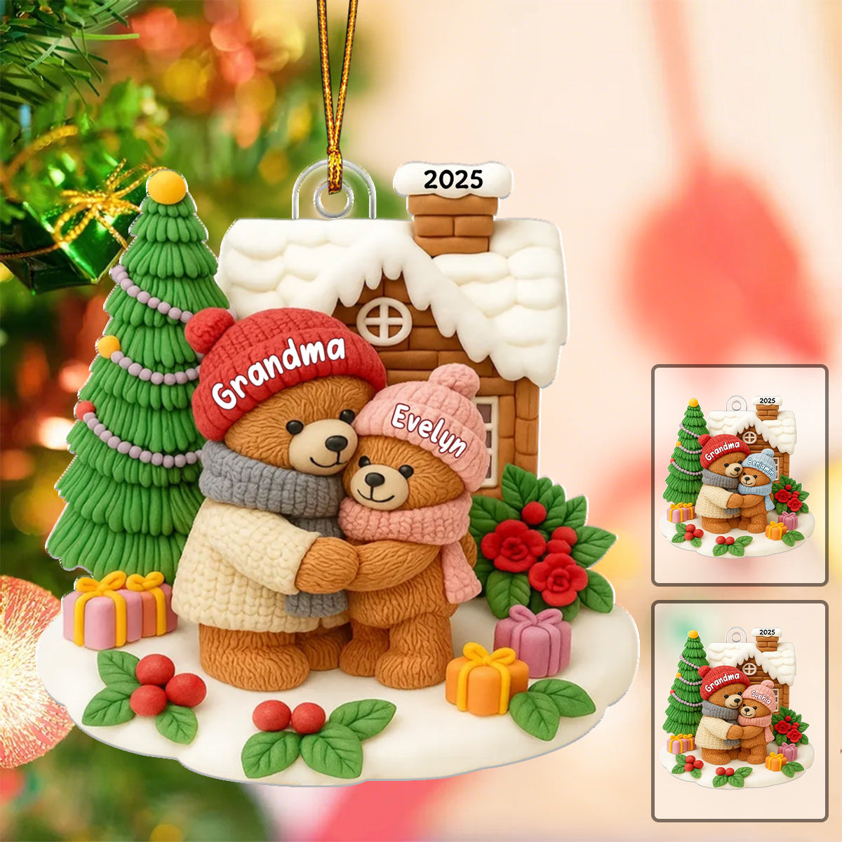 Grandma Bear Hugging Grandkids - Personalized Christmas Acrylic Ornament