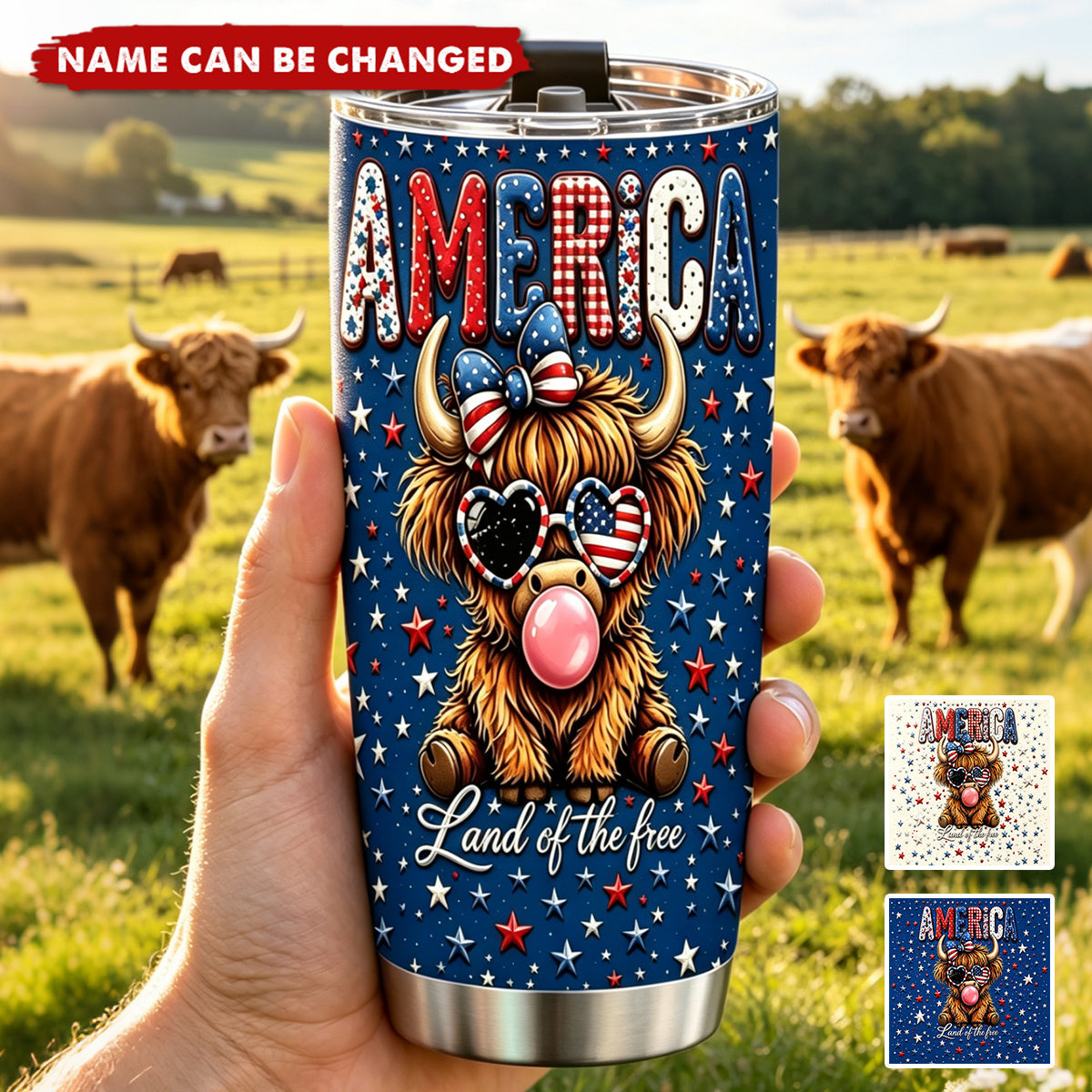 Land Of The Free - Personalized Highland Cow Tumbler