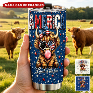 Land Of The Free - Personalized Highland Cow Tumbler