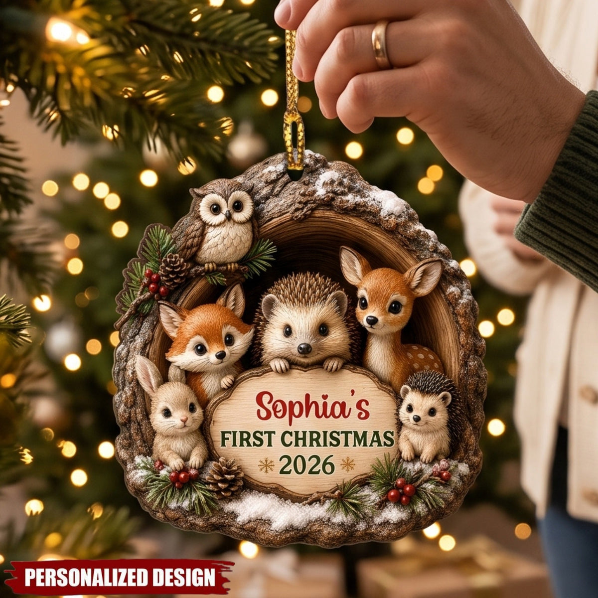 Baby First Christmas Woodland Animal - Personalized Wooden Ornament