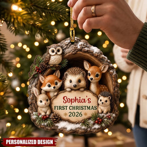 Baby First Christmas Woodland Animal - Personalized Wooden Ornament
