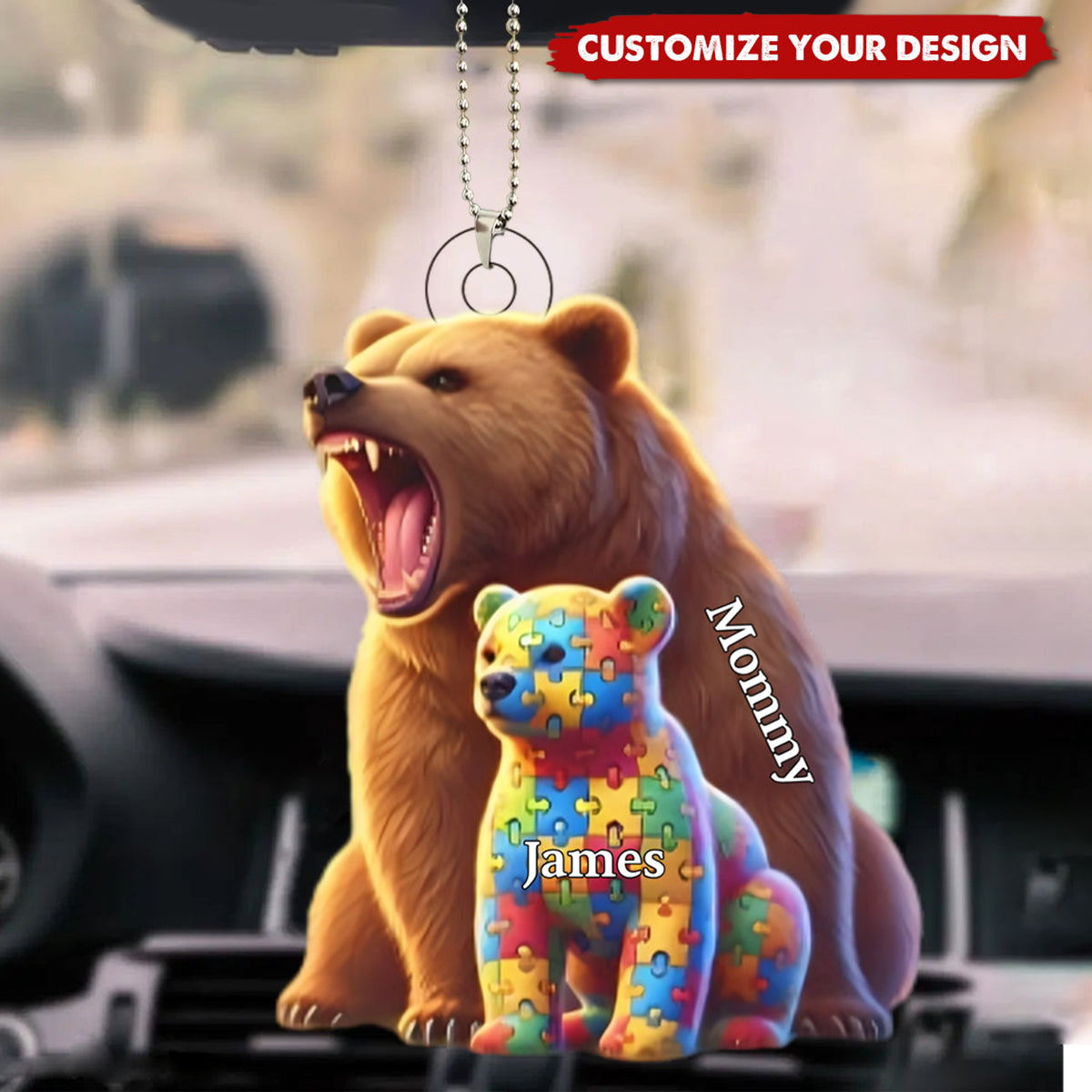 Autism Mama Bear Personalized Acrylic Car Ornament, Gifts For Mom
