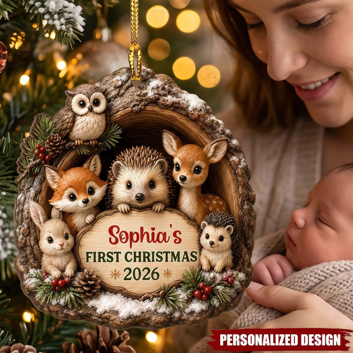 Baby First Christmas Woodland Animal - Personalized Wooden Ornament
