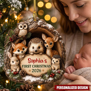 Baby First Christmas Woodland Animal - Personalized Wooden Ornament
