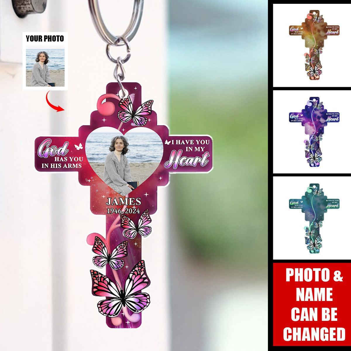 Custom Photo God Has You In His Arms - Personalized Acrylic Keychain