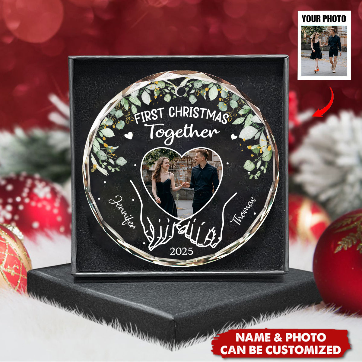 Custom Photo First Christmas Together - Personalized Circle Glass Ornament, Christmas Wedding Gift