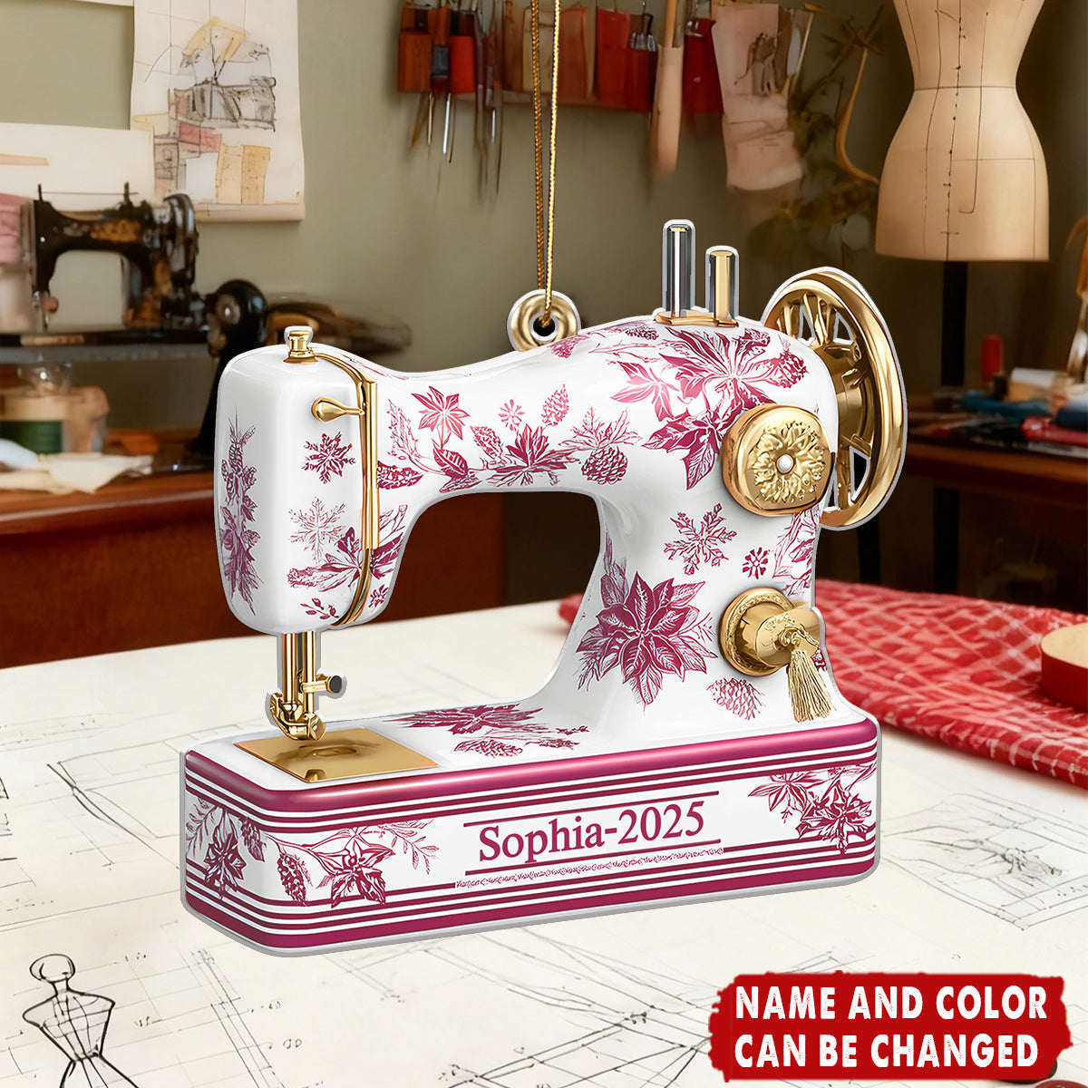 Sewing Machine Toile de Jouy - Personalized Christmas Acrylic Ornament
