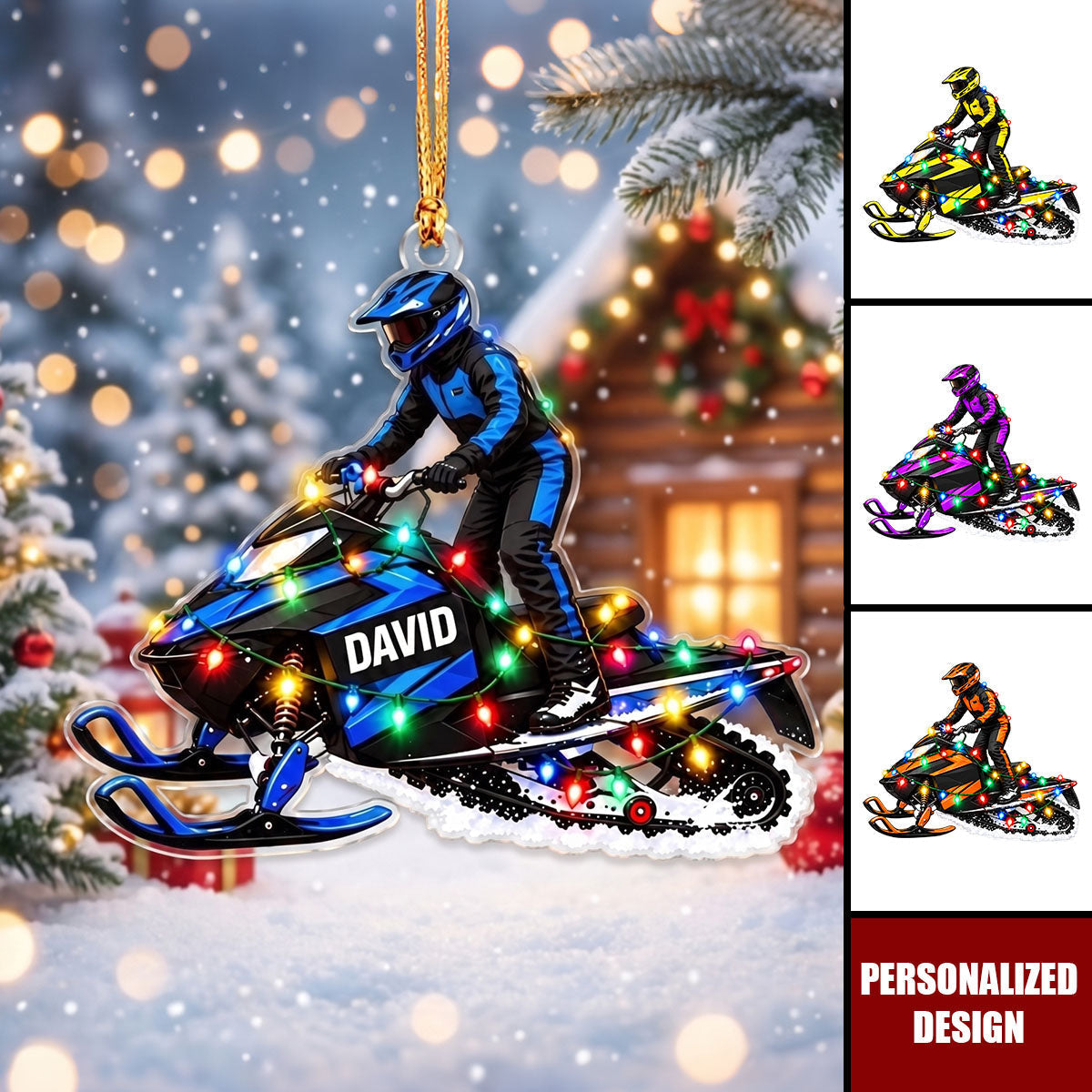 Personalized Snowmobile Rider Christmas Ornament, Custom Name Snowmobile with Lights