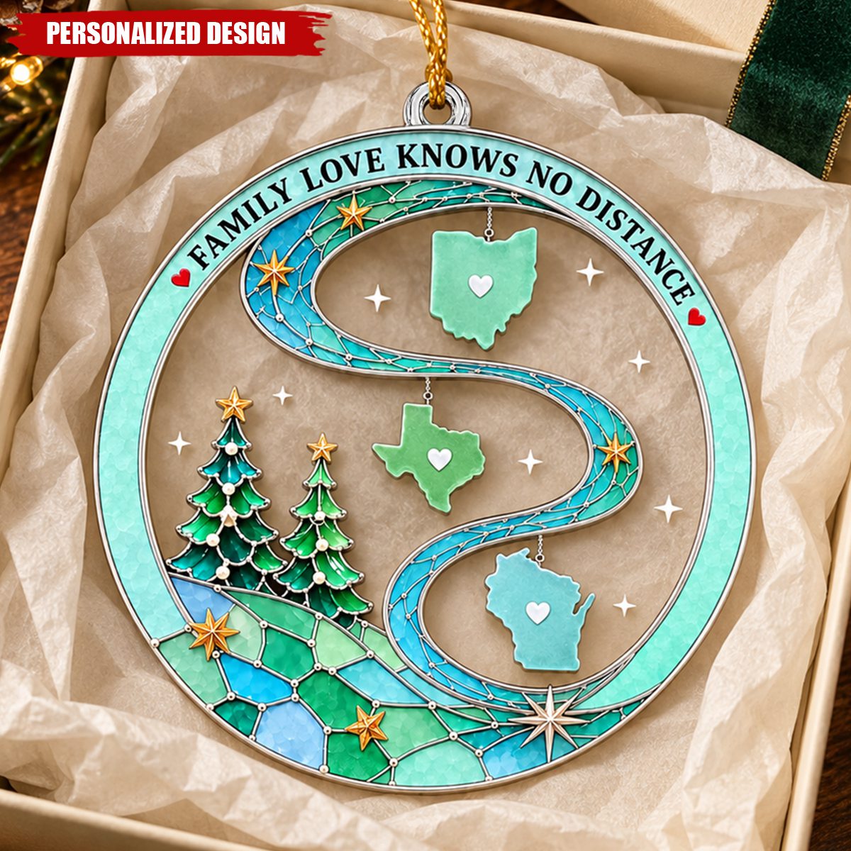 Personalized Family Love Knows No Distance State Map Acrylic Christmas Ornament