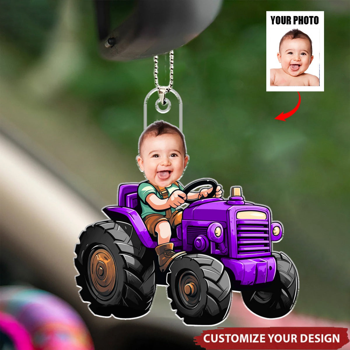 Custom Face Boy Loves Tractors - Personalized Photo Car Ornament