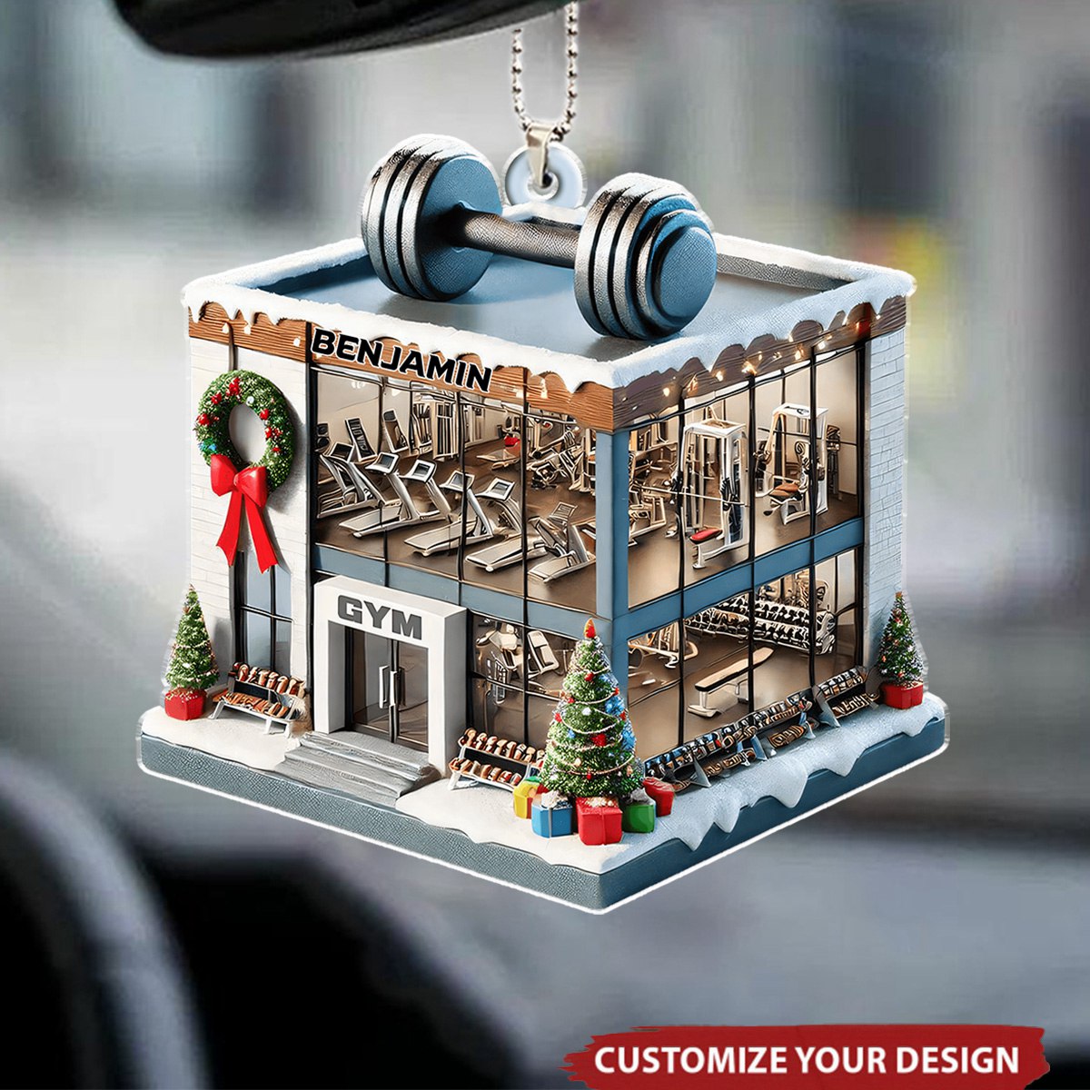 Gym With Dumbbell and Festive Decor - Personalized Acrylic Car Ornament, Gift For Fitness Center