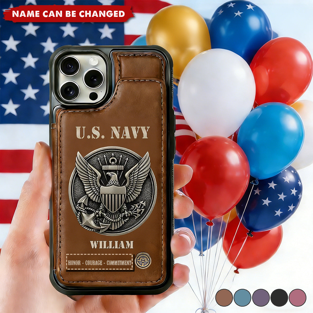 Military Card Slots 250th Anniversary Personalized US Navy Leather Wallet Phone Case