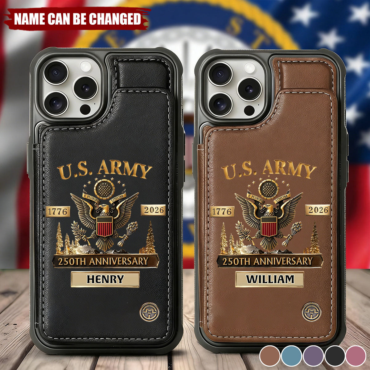 U.S. Army 250th Anniversary Personalized Military Leather Wallet Phone Case