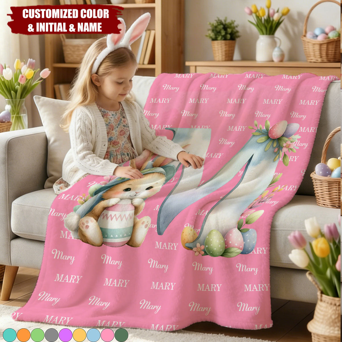 Personalized Cute Easter Bunny Egg Soft Throw Blanket - Home Decor Easter Party Gift for Kids