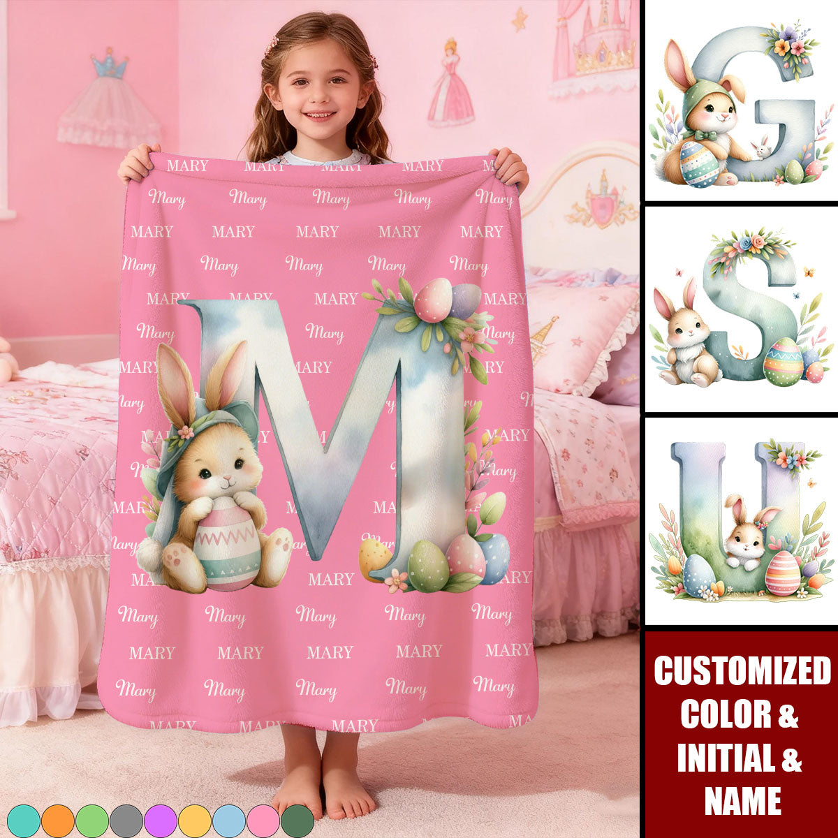 Personalized Cute Easter Bunny Egg Soft Throw Blanket - Home Decor Easter Party Gift for Kids