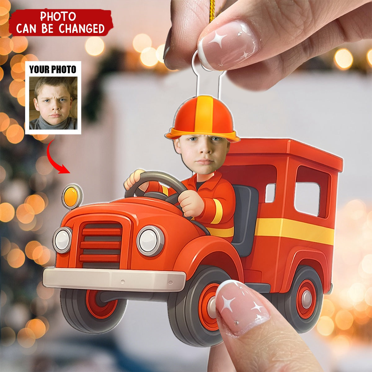 Custom Photo Kid Riding Fire Truck - Acrylic Photo Ornament