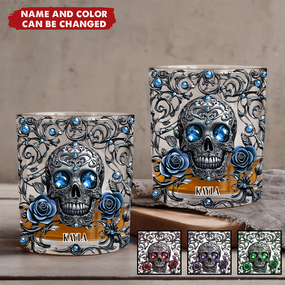 Beautiful Skull And Roses - Personalized Skull Whiskey Glass