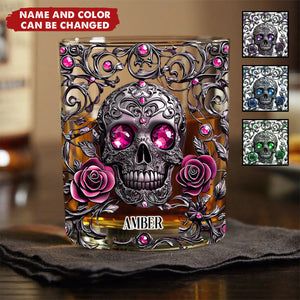 Beautiful Skull And Roses - Personalized Skull Whiskey Glass
