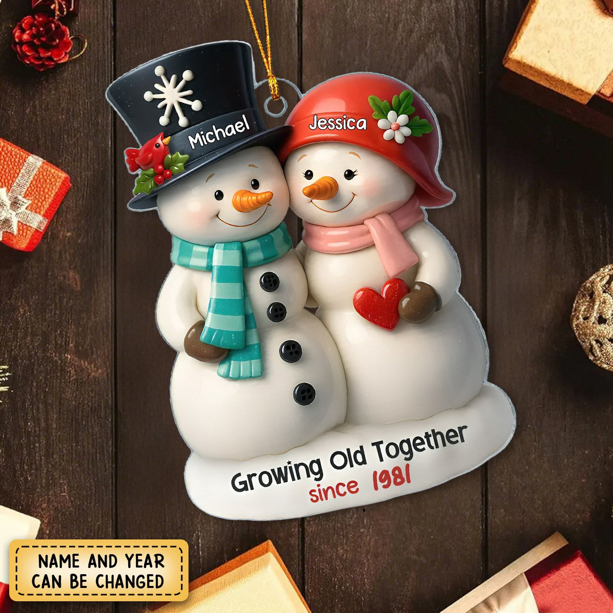 3D Effect Snowman Couple Growing Old Together - Personalized Acrylic Flat Ornament, Gift For Couple