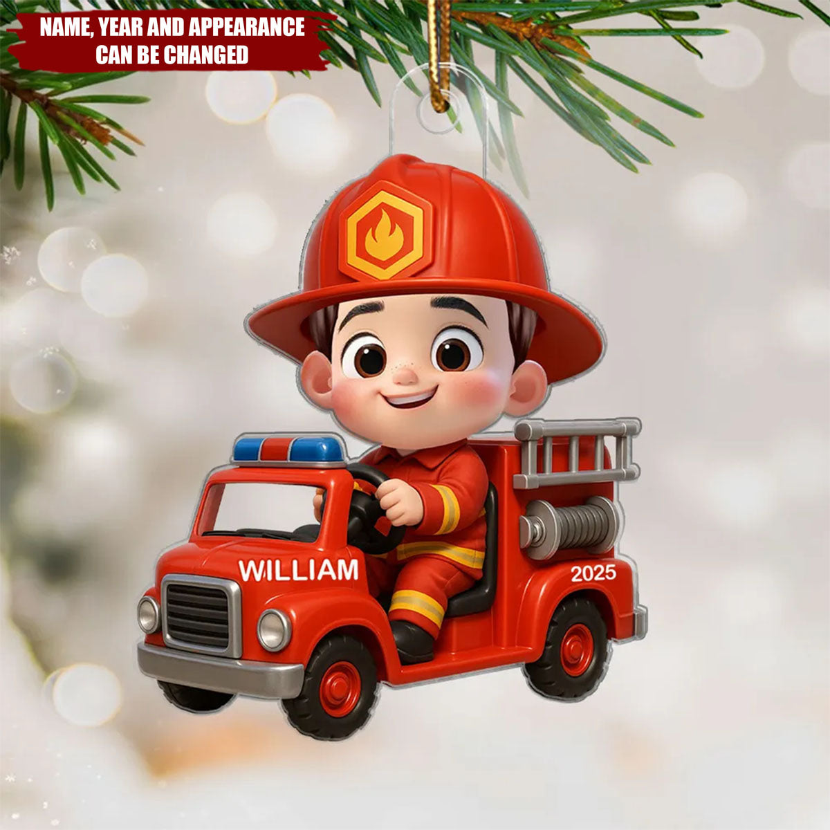 Little Kid Boy Dream Job Firefighter - Personalized Christmas Acrylic Ornament