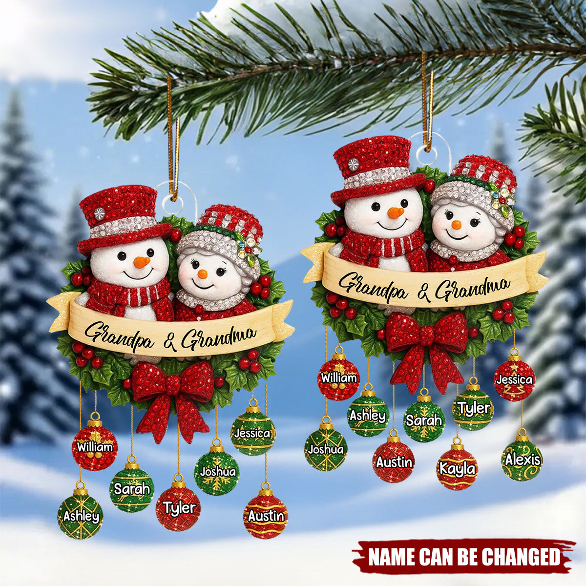 Snowman Grandparents on Christmas Wreath - Personalized Christmas Acrylic Ornament