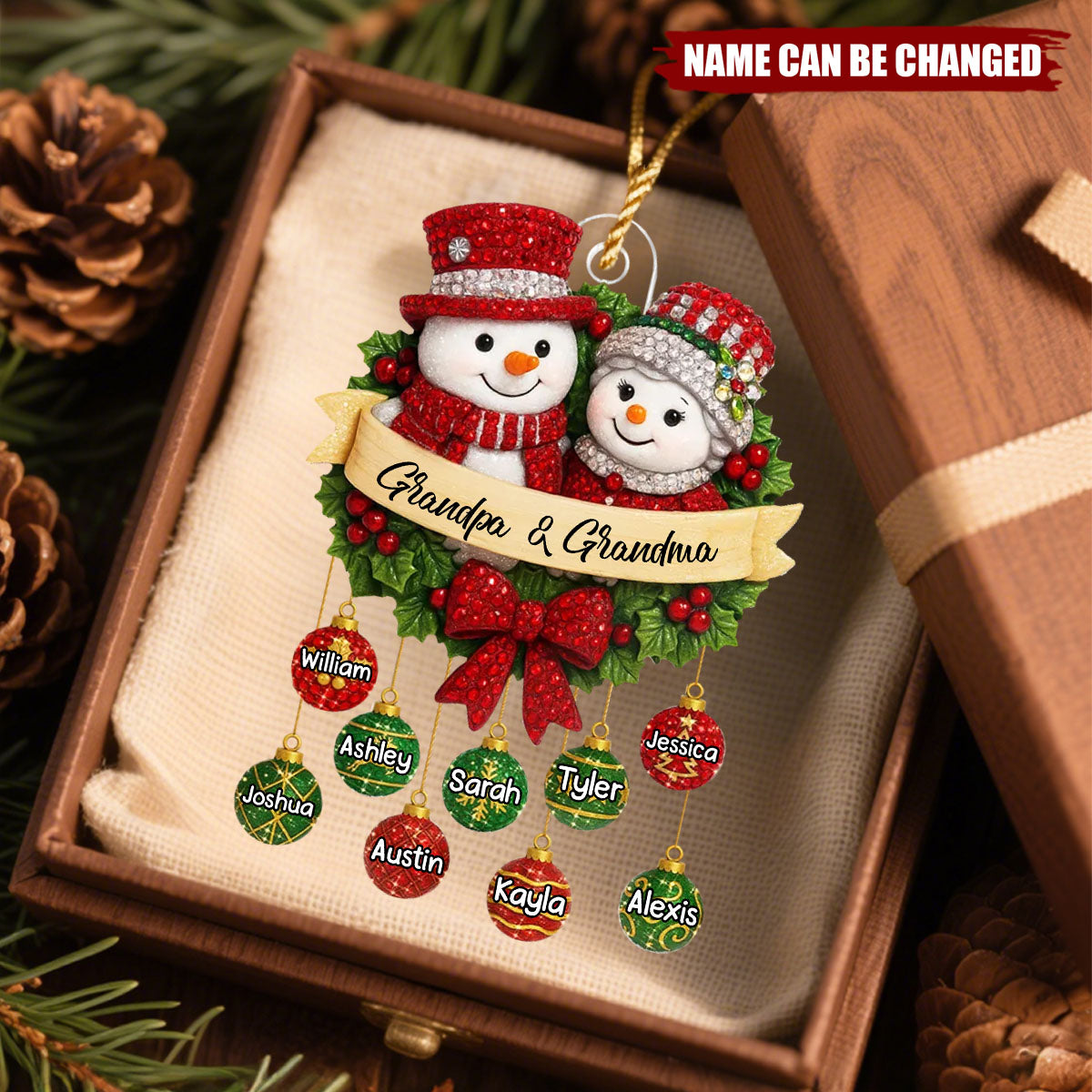 Snowman Grandparents on Christmas Wreath - Personalized Christmas Acrylic Ornament