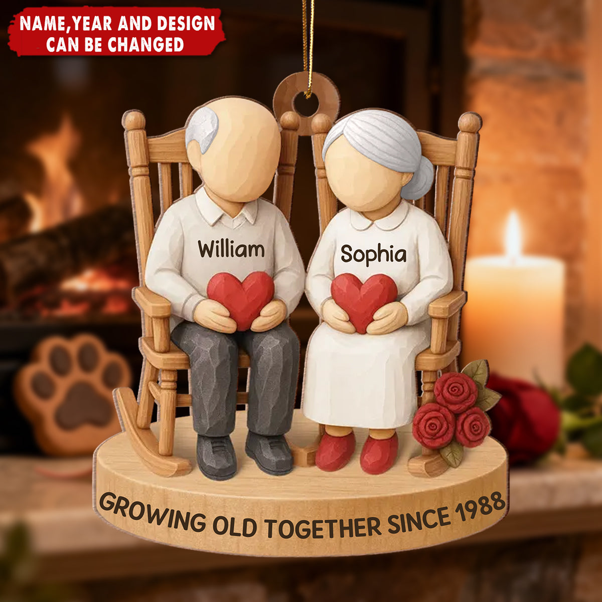 Old Couple Sitting on Chair - Personalized Wooden Ornament