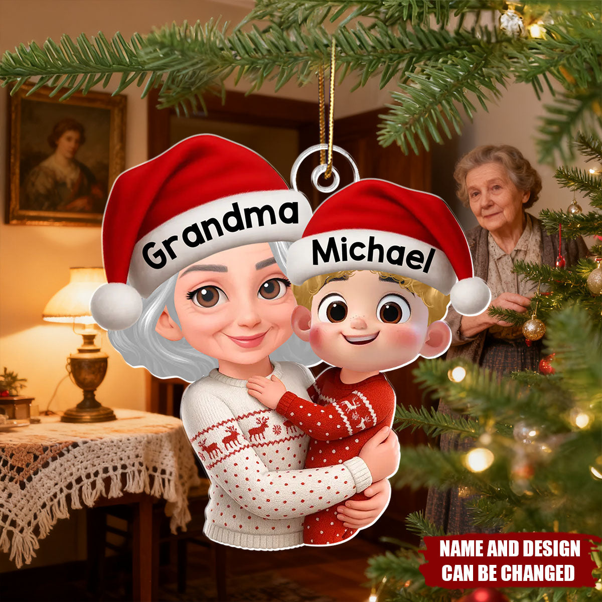 Christmas Joyful Grandma Hugging Grandkid - Personalized Christmas Acrylic Ornament
