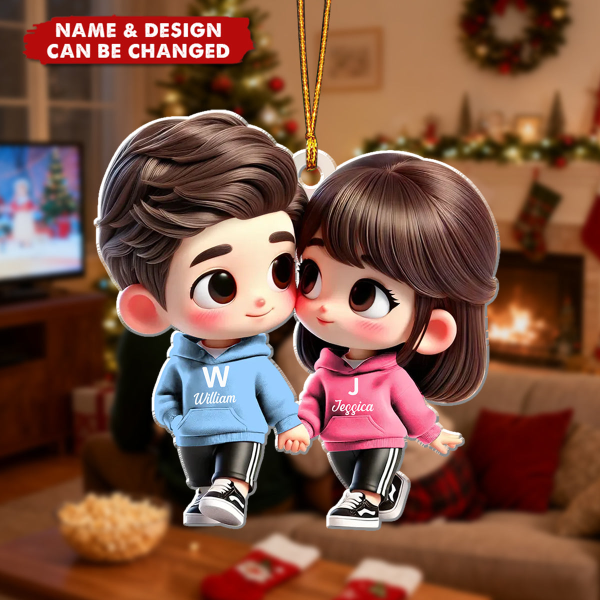 Cute Cartoon Couple Holding Hands - Personalized Christmas Acrylic Ornament