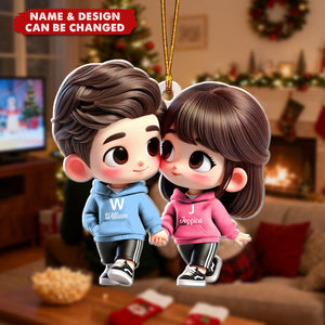 Cute Cartoon Couple Holding Hands - Personalized Christmas Acrylic Ornament
