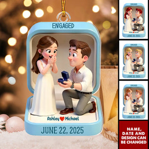 Cute Cartoon Couple 1st Christmas Engaged - Personalized Christmas Acrylic Ornament