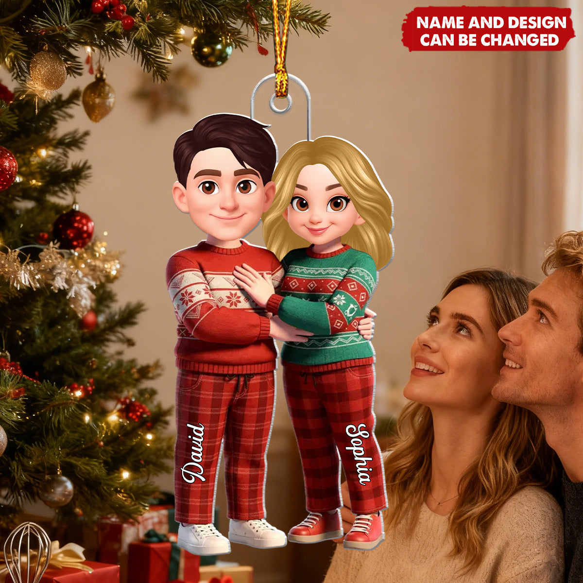 Cartoon Couple Standing Together - Personalized Christmas Acrylic Ornament