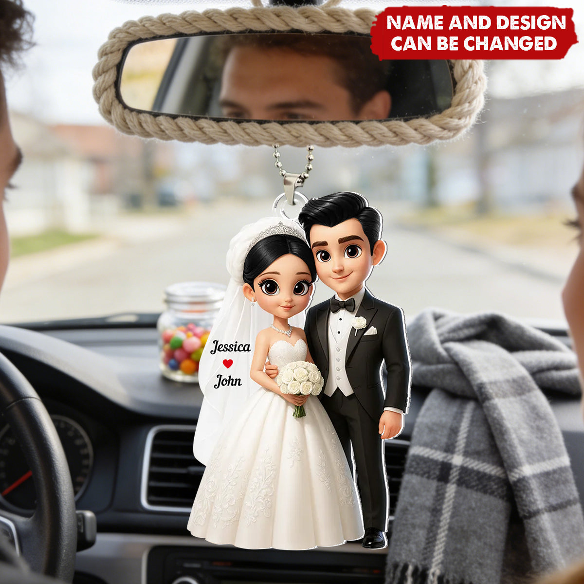 3D Cartoon Married Couple - Personalized Car Hanger, Gift for Couple