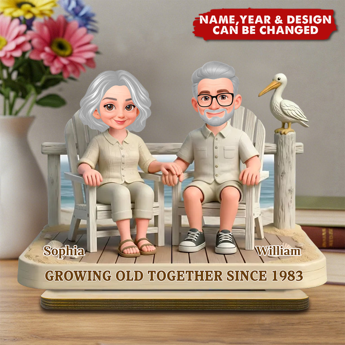 Eternal Love Couple On The Beach Growing Old Together - Personalized 2-Layer Wooden Plaque - Gift For Couple, Gift For Him, For Her