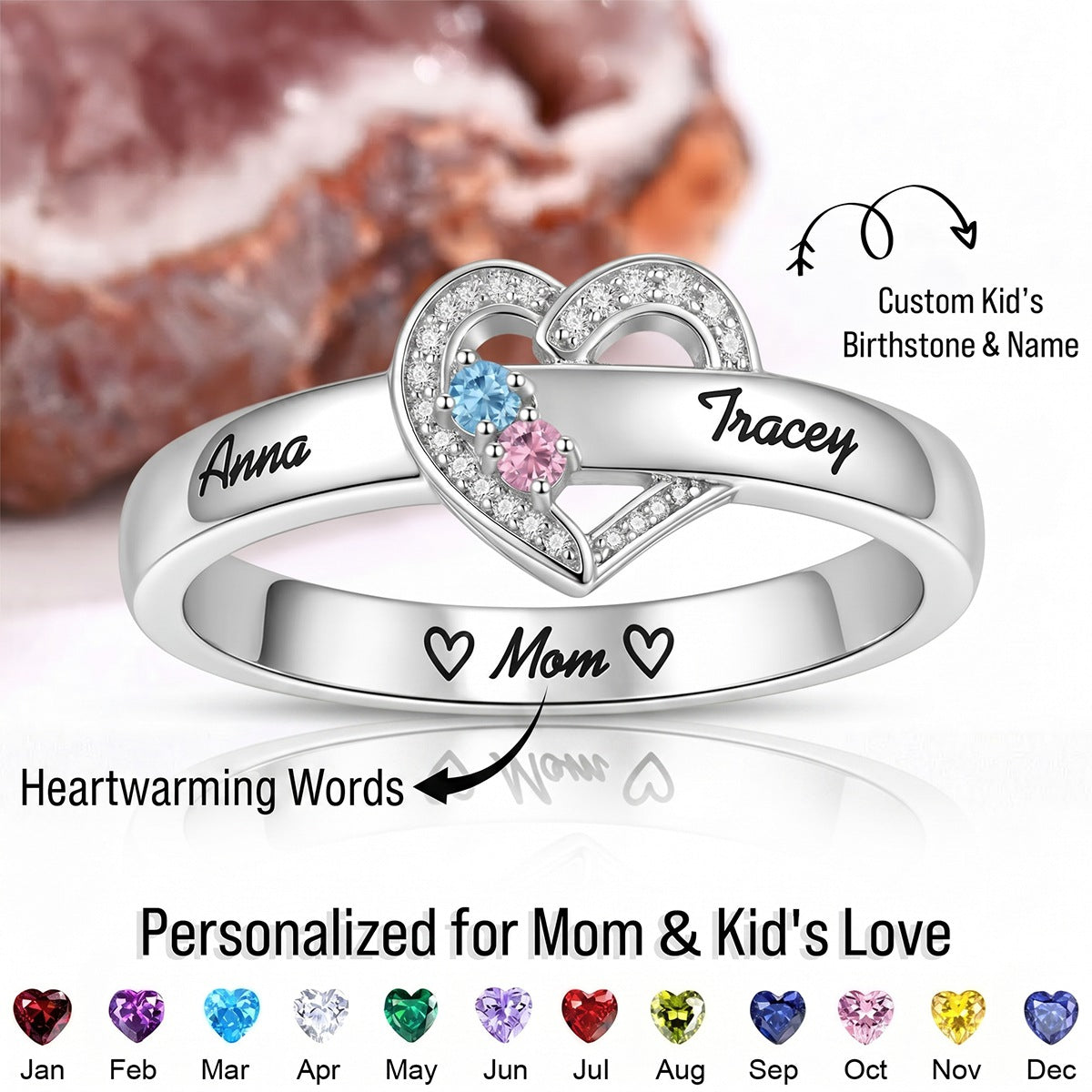 Custom Name Gemstones Jewelry Heart Shaped For Grandma Mom - Personalized Birthstone Heart Ring