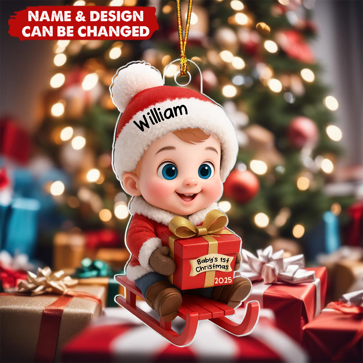 Baby Festive Cheer on a Sled Personalized Acrylic Christmas Ornament, 2025 Keepsake for Newborn