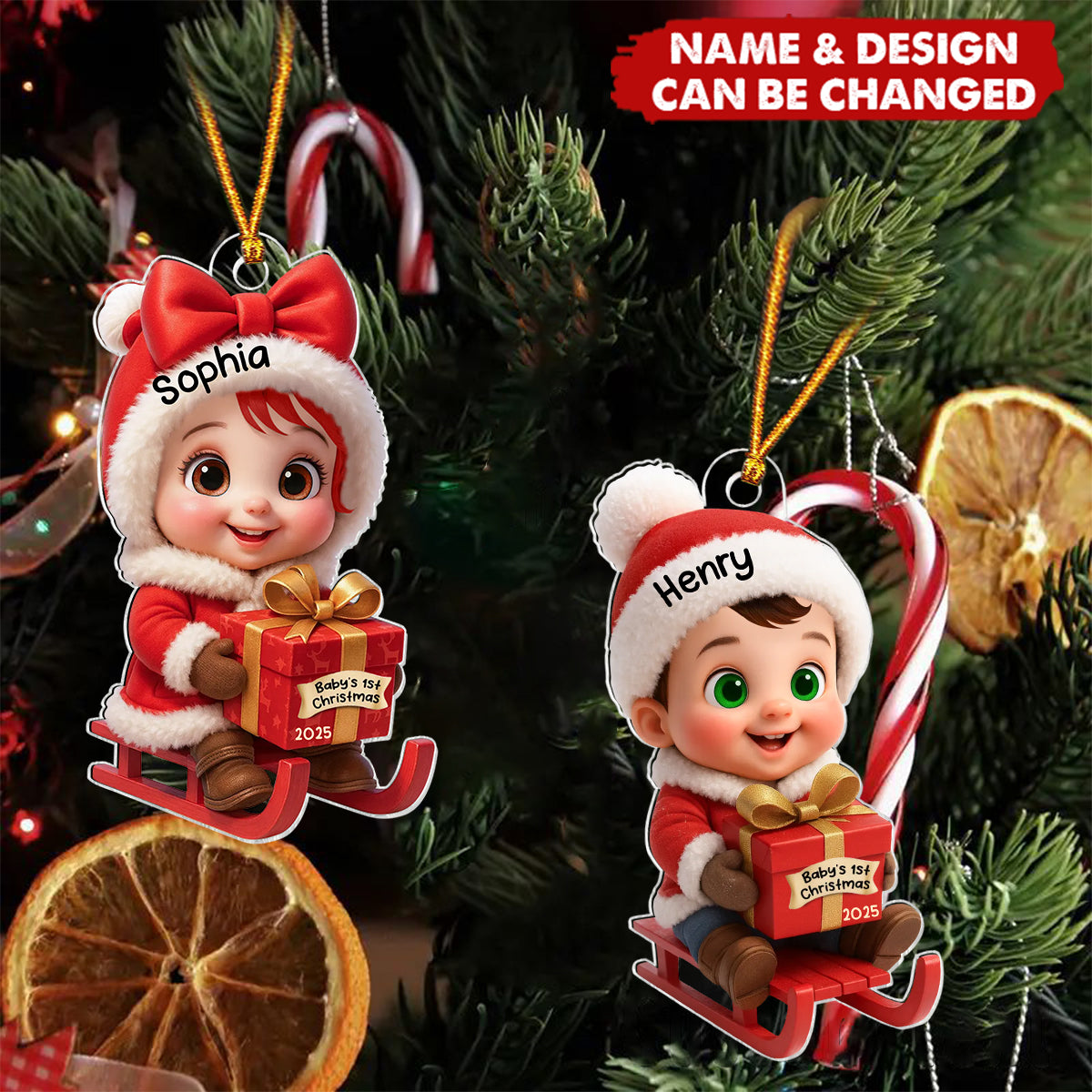 Baby Festive Cheer on a Sled Personalized Acrylic Christmas Ornament, 2025 Keepsake for Newborn