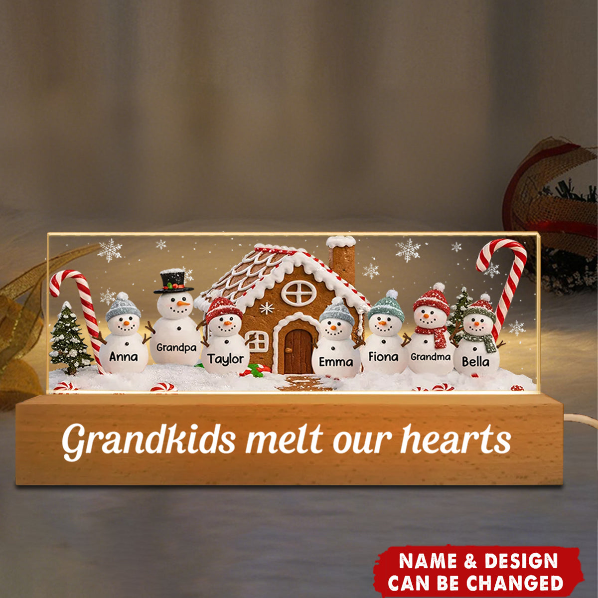 3D Effect Snowman Family Grandparents In Snow - Personalized Acrylic Block LED Night Light