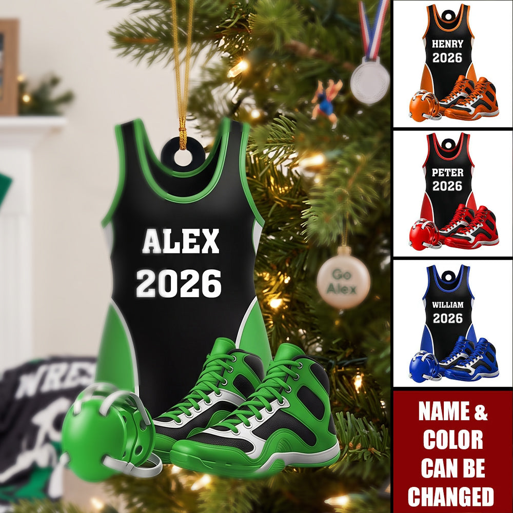 Personalized Wrestling Ornament: Acrylic Shoes & Headgear, Xmas Tree Decor