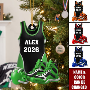 Personalized Wrestling Ornament: Acrylic Shoes & Headgear, Xmas Tree Decor