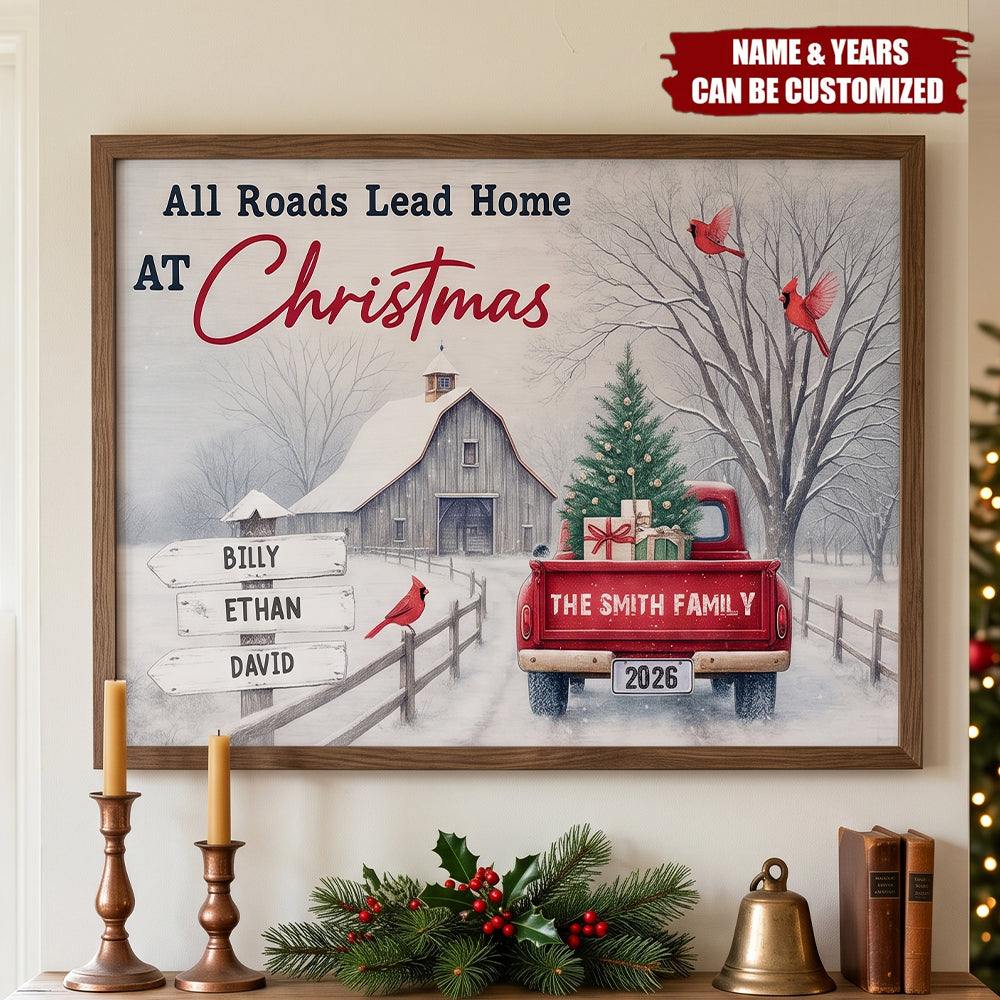 All Roads Lead Home At Christmas With Red Truck and Cardinal Birds, Personalized Horizontal Poster