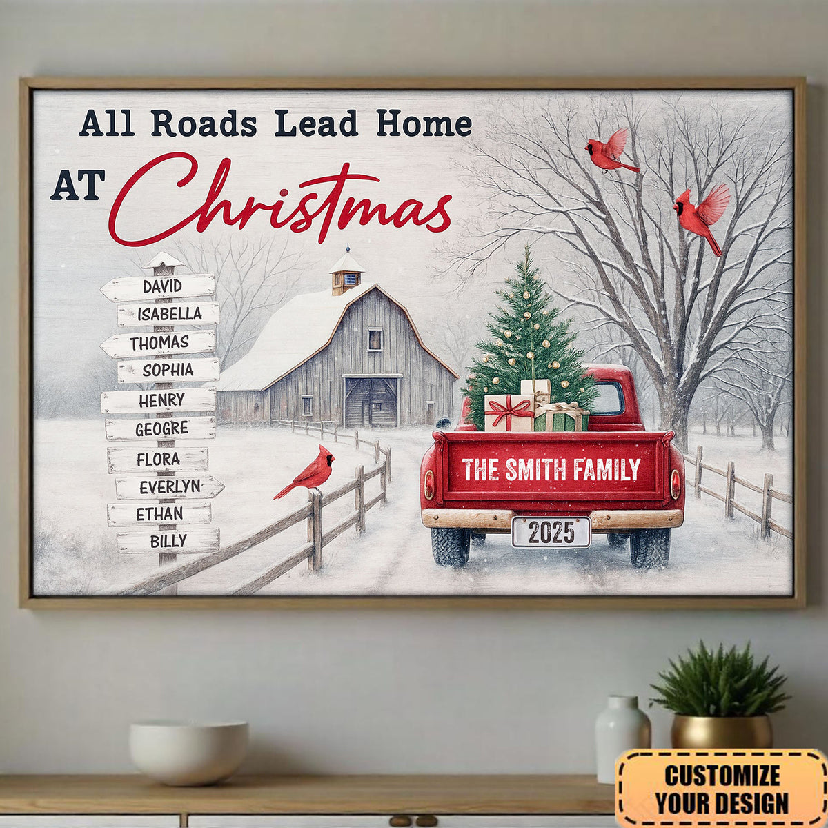 All Roads Lead Home At Christmas With Red Truck and Cardinal Birds, Personalized Horizontal Poster