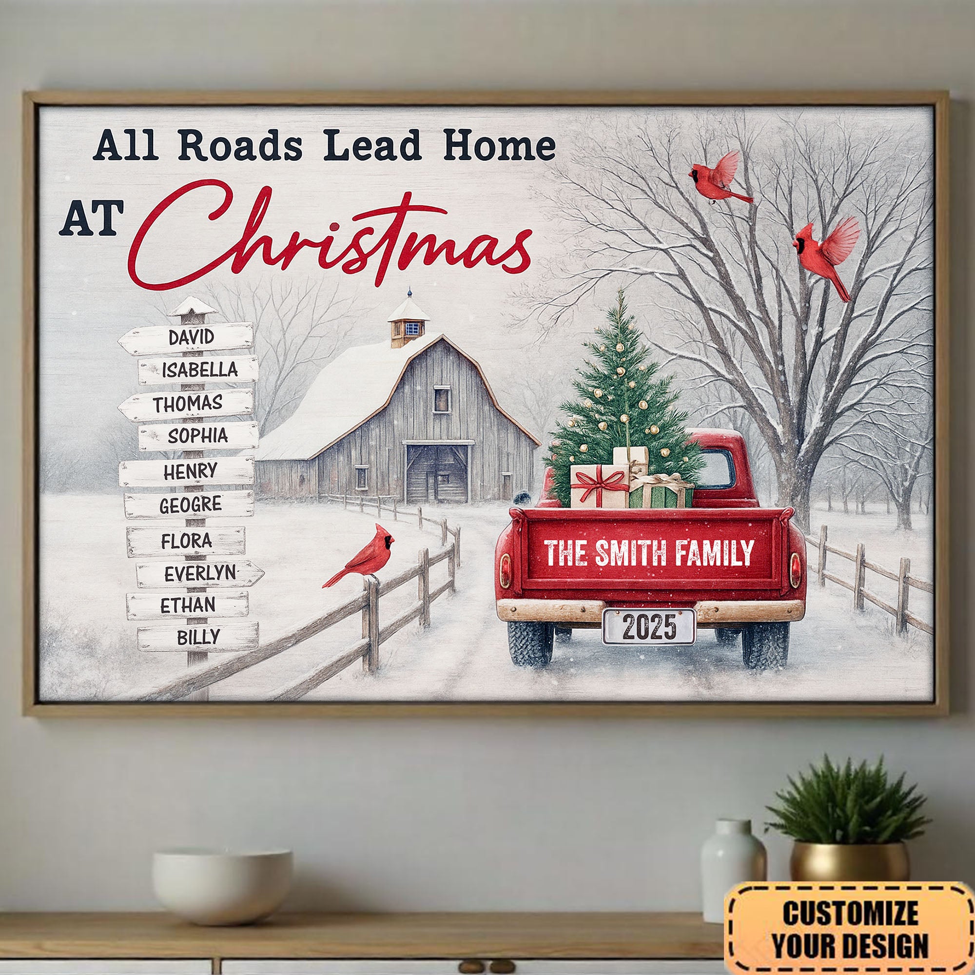 All Roads Lead Home At Christmas With Red Truck and Cardinal Birds, Personalized Horizontal Poster
