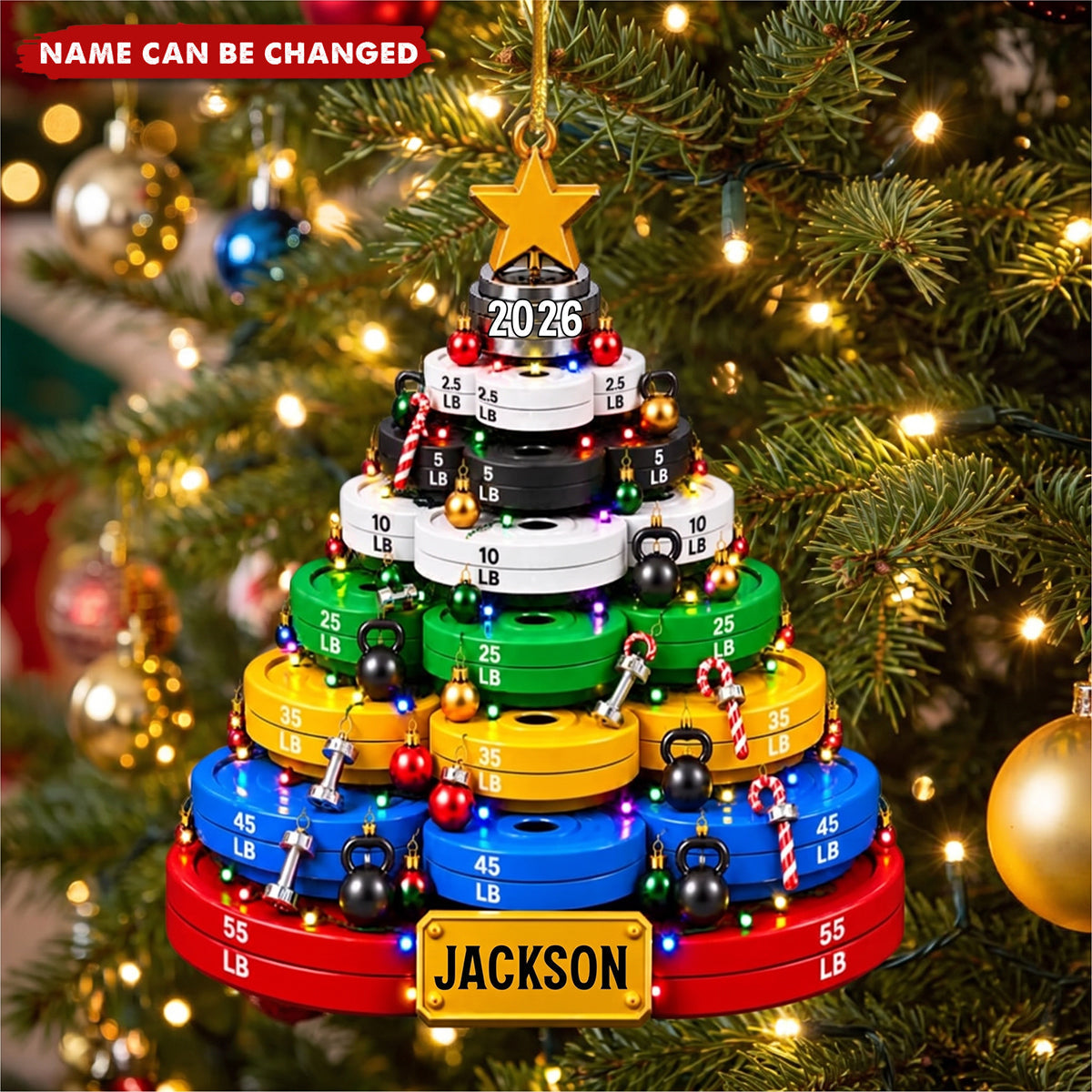 Personalized Weight Plate Acrylic Christmas Ornament, Custom Gym Name Barbell Decor, Fitness Lover Tree Keepsake Gift