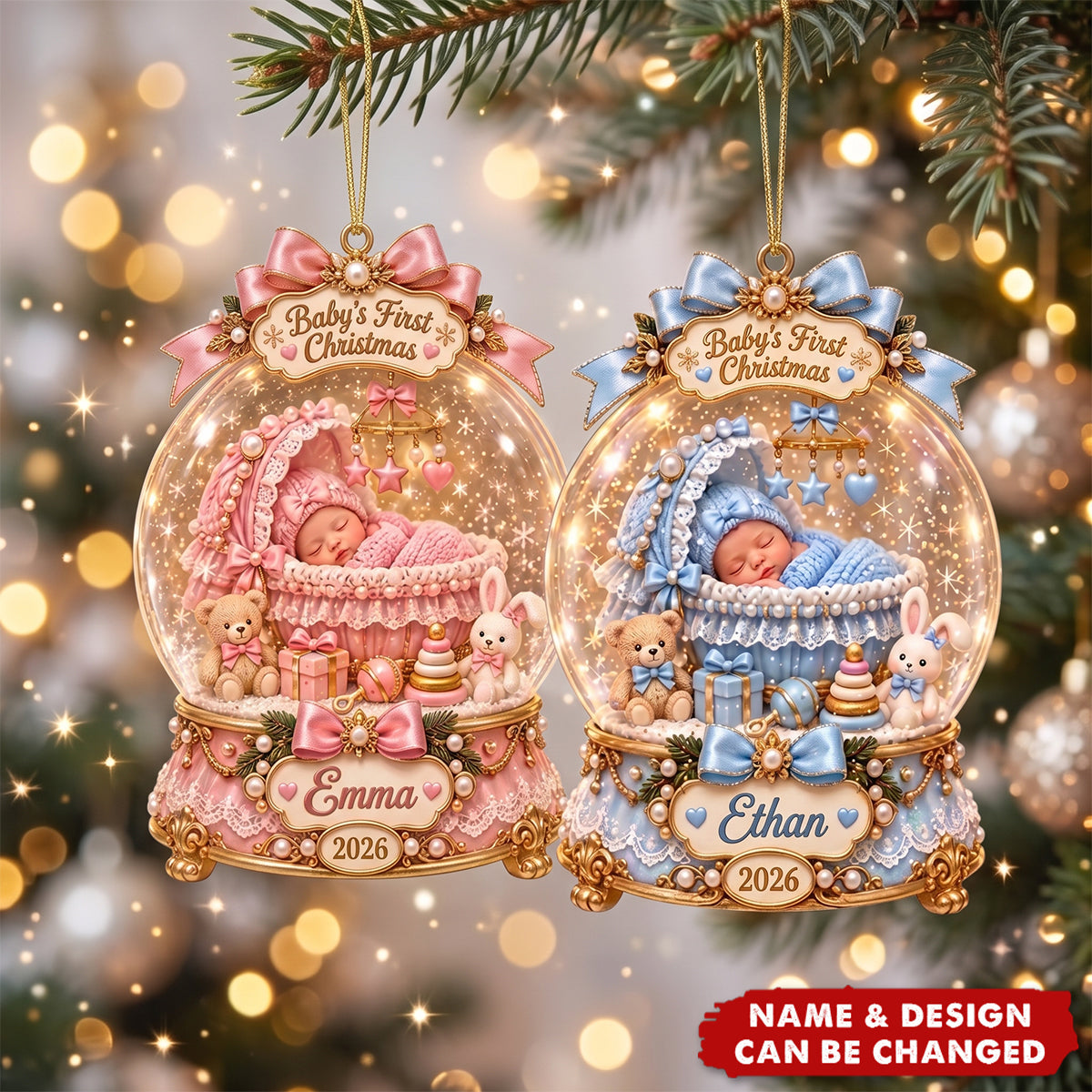 Personalized Baby First Christmas Acrylic Ornament , Custom Name Snow Globe Keepsake
