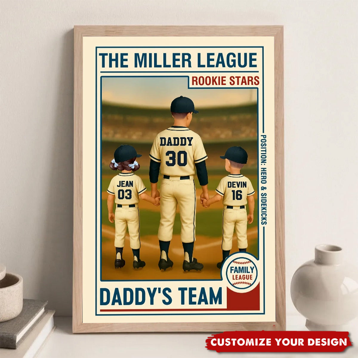 Family League Daddy's Team Dad Man & Kids Baseball Retro Personalized Poster